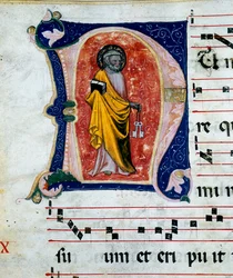 Detail of a Miniature Representing St. Peter Contained in Choral Parchments from the XIV-XV Centuries, Archive of Palazzo Comunale of Stroncone, in the Province of Terni